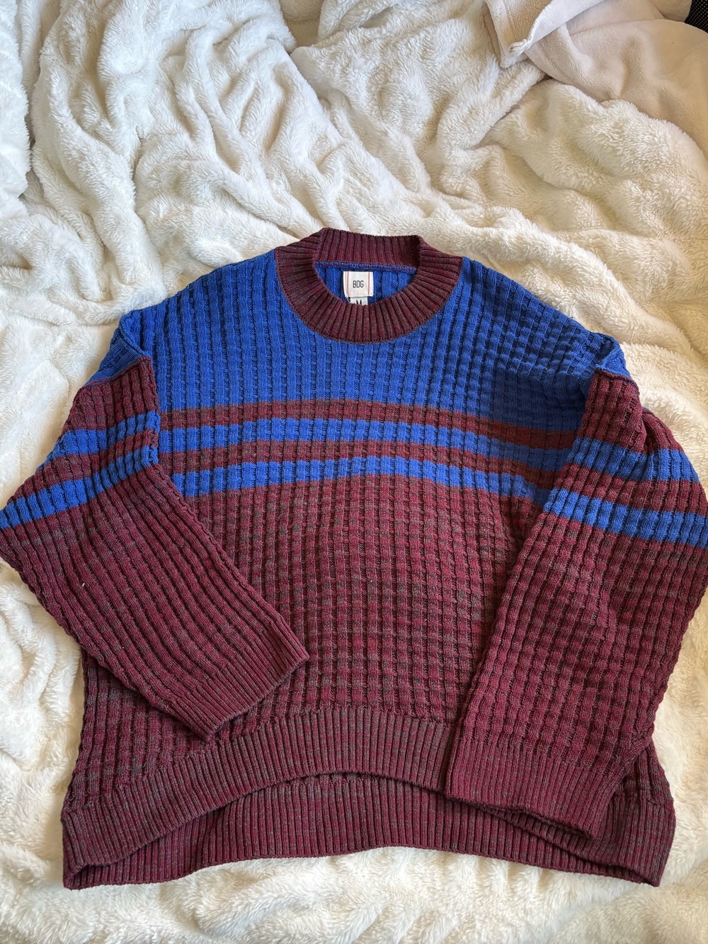 BDG Blue and Burgundy Striped Waffle Knit Crewneck Sweater